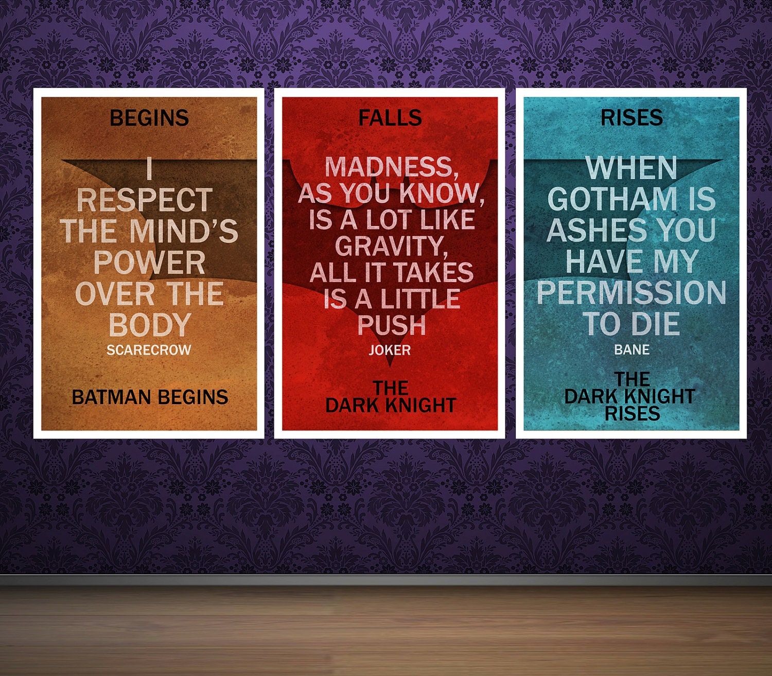 3 Poster Batman Trilogy Art Print Set - Inspired by the Christopher Nolan Films - 11x17