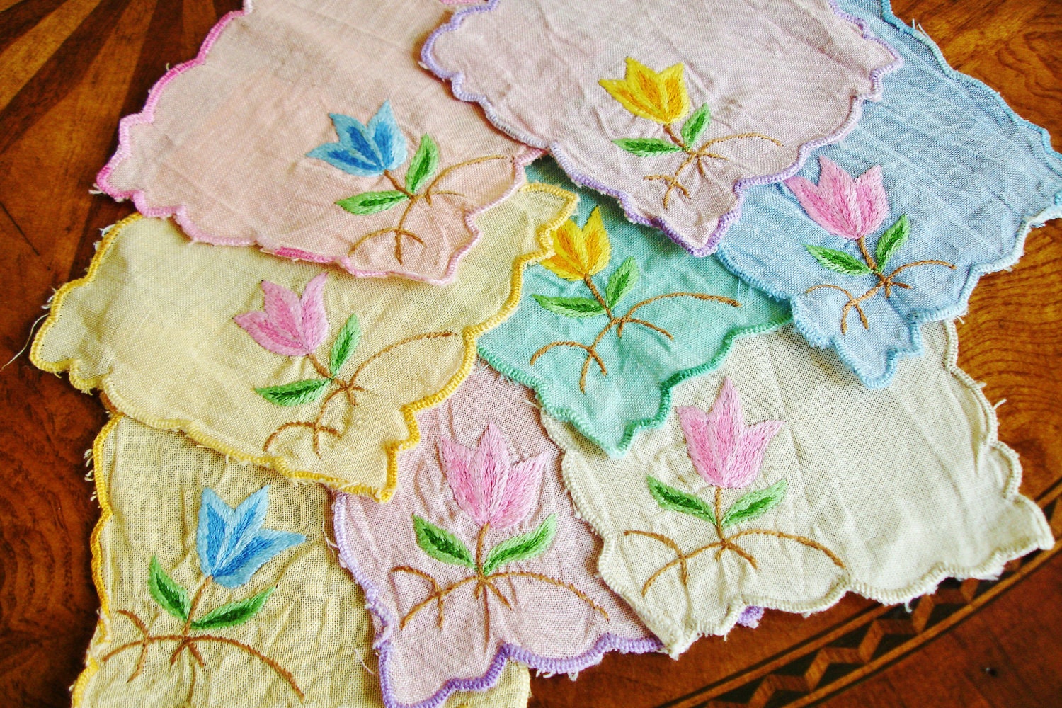 Linen Coaster Cocktail Napkins with Embroidery Set of Eight 1960s