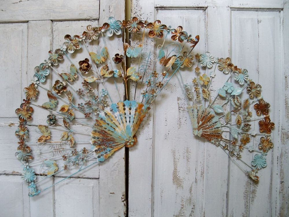 VIntage antique metal tole ware wall fans distressed rusty aqua white shabby wall decor Anita Spero