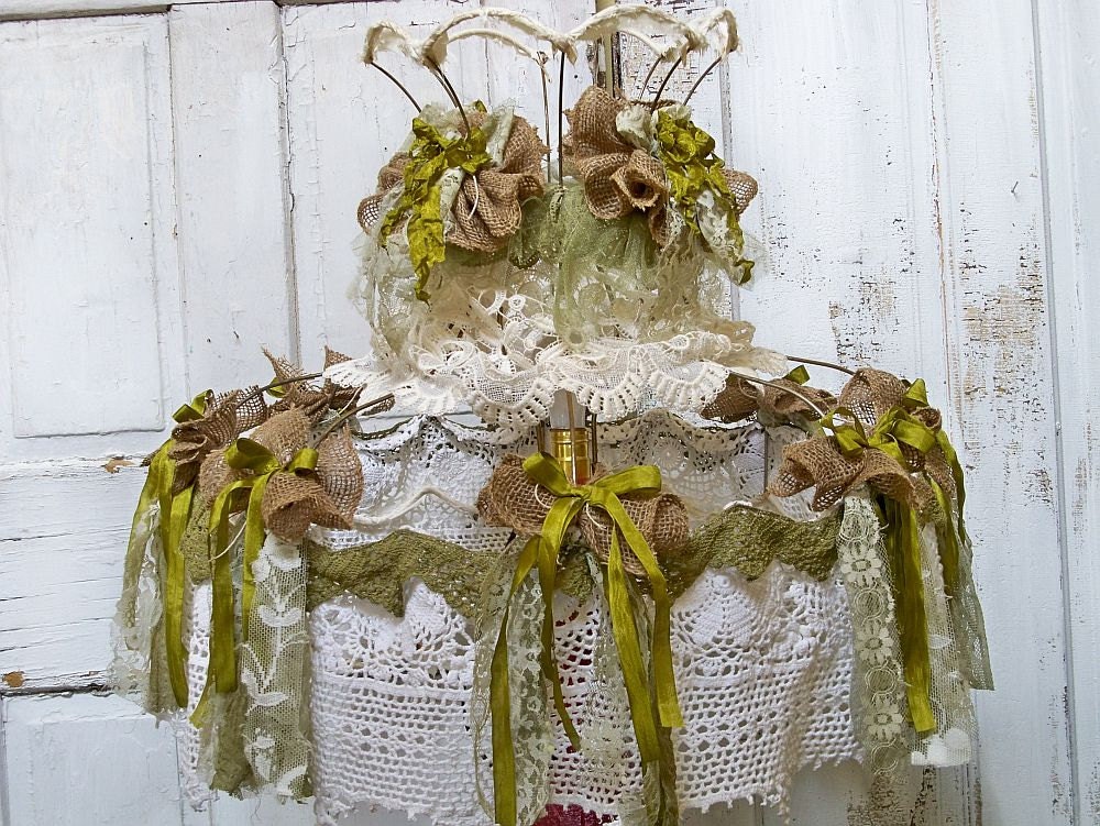 Shabby chic Victorian lamp shade decorated recycled materials tattered home decor OOAK Anita Spero