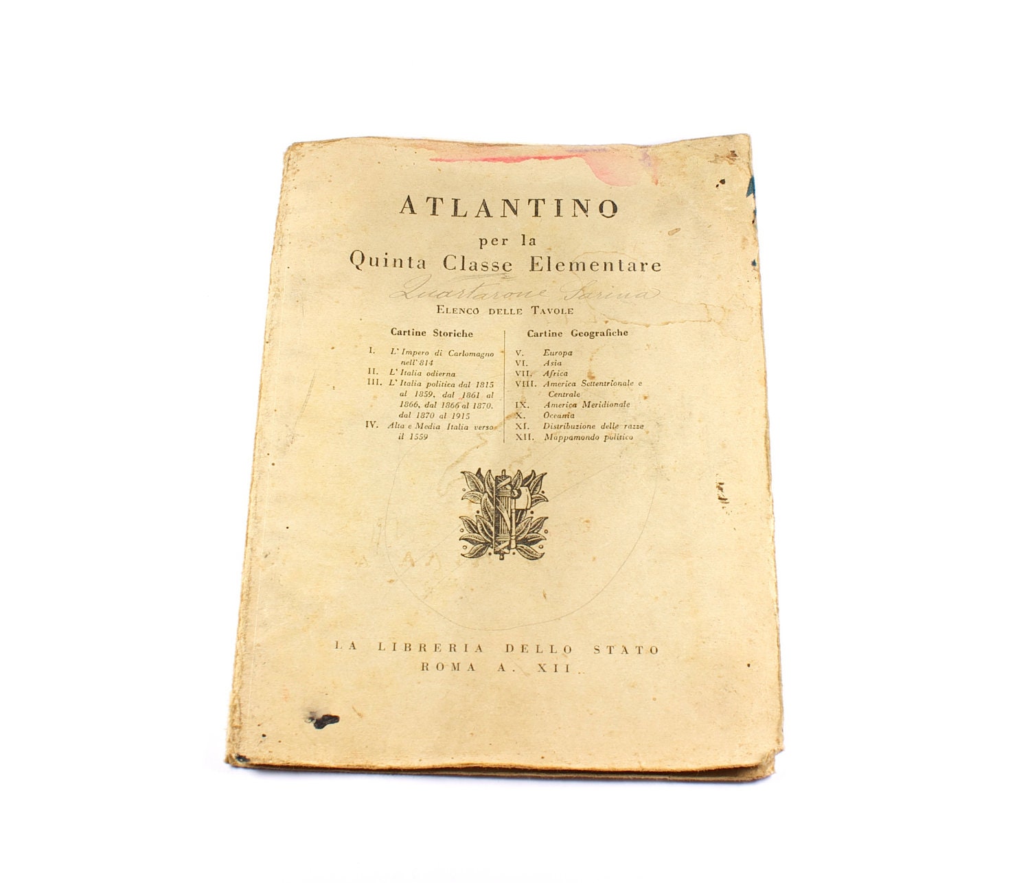 Vintage atlas with world maps, school antique maps