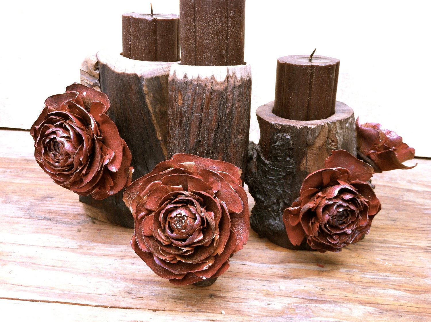 Wood candle holders unique rustic home decor cedar roses