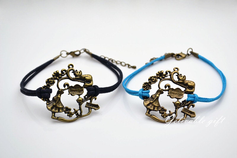 Alice in wonderland-antique brass Alice in wonderland black wax cord bracelet, Girl alice,cat teapot charms, black leather bracelet BAW04B