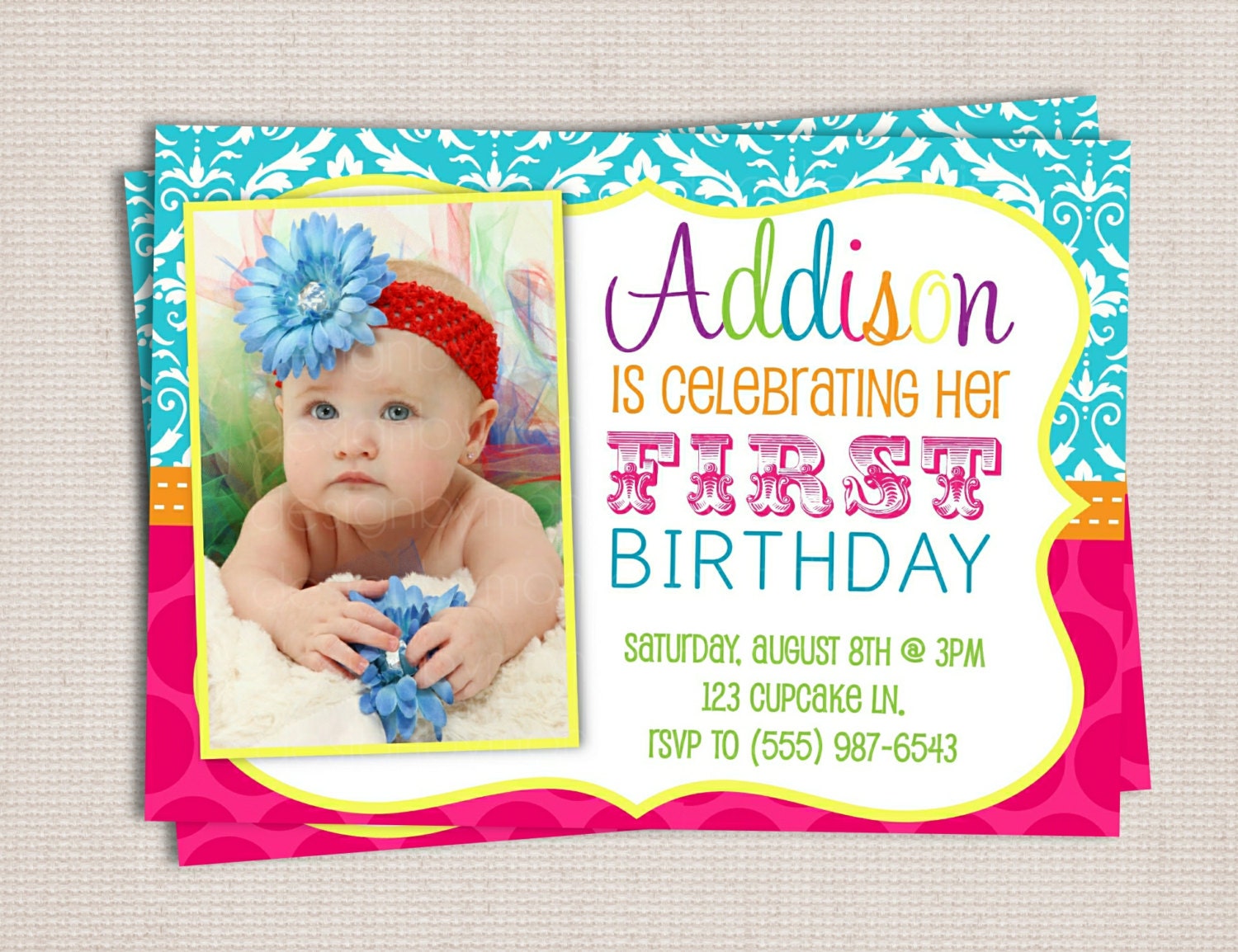 Couture Collection Bright Damask and Dots Custom Birthday Party Printable Invitation Il_570xn