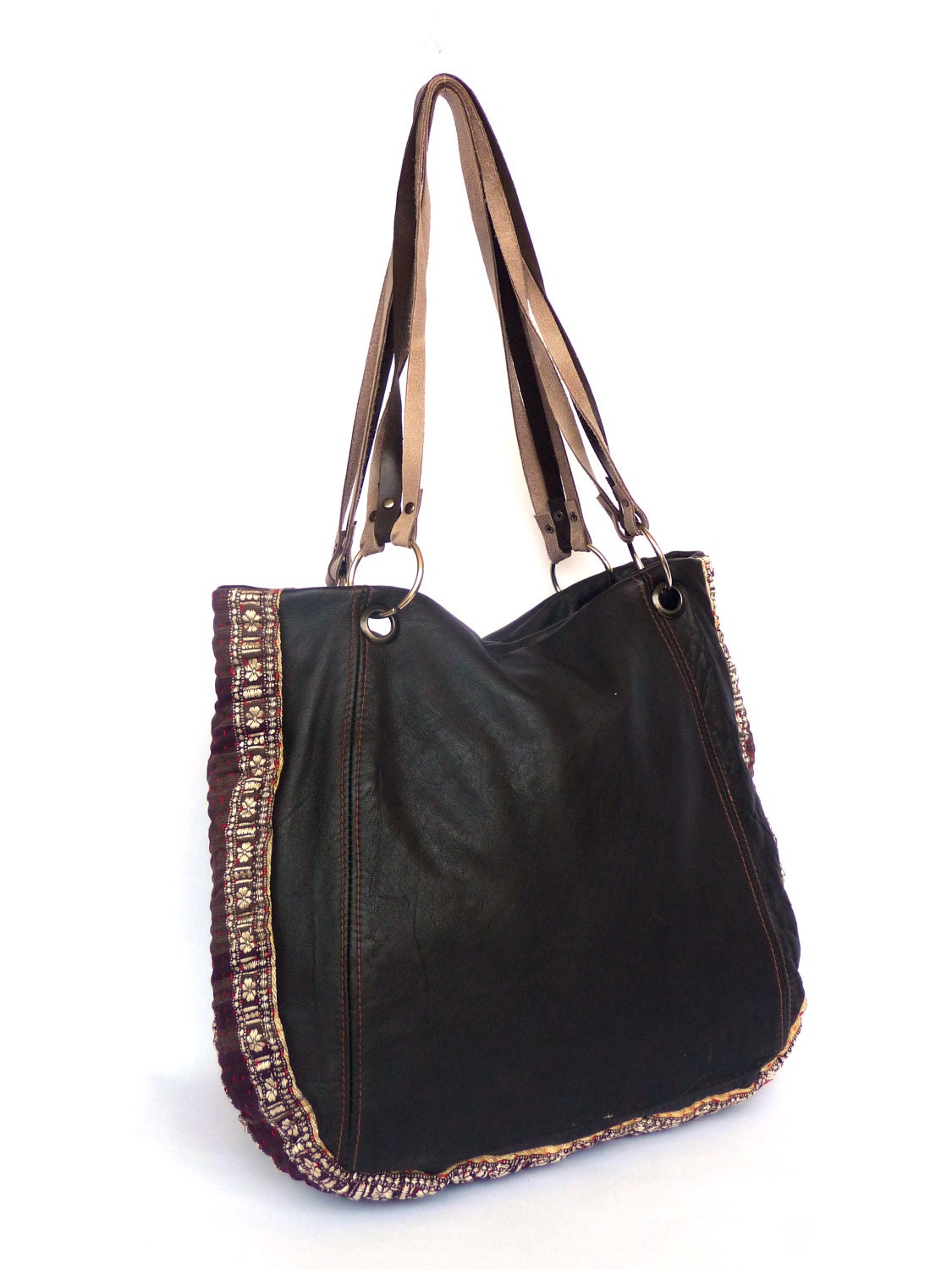 recycled leather and kantha quilt bag / tote