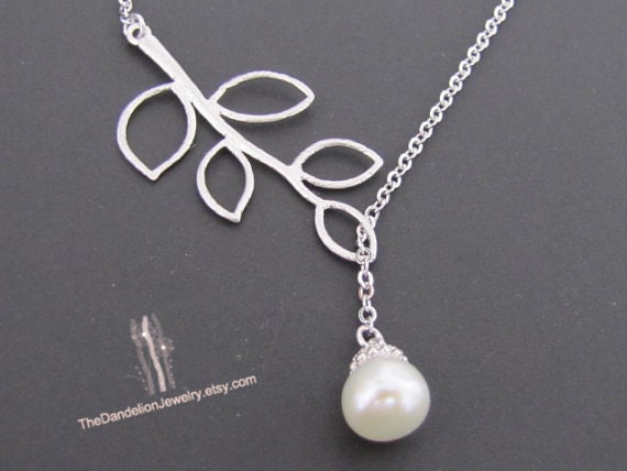 SALE, 10% OFF: Branch and pearl lariat necklace in white gold, branch necklace, pearl necklace, pearl pendant, wedding jewelry, bridesmaid