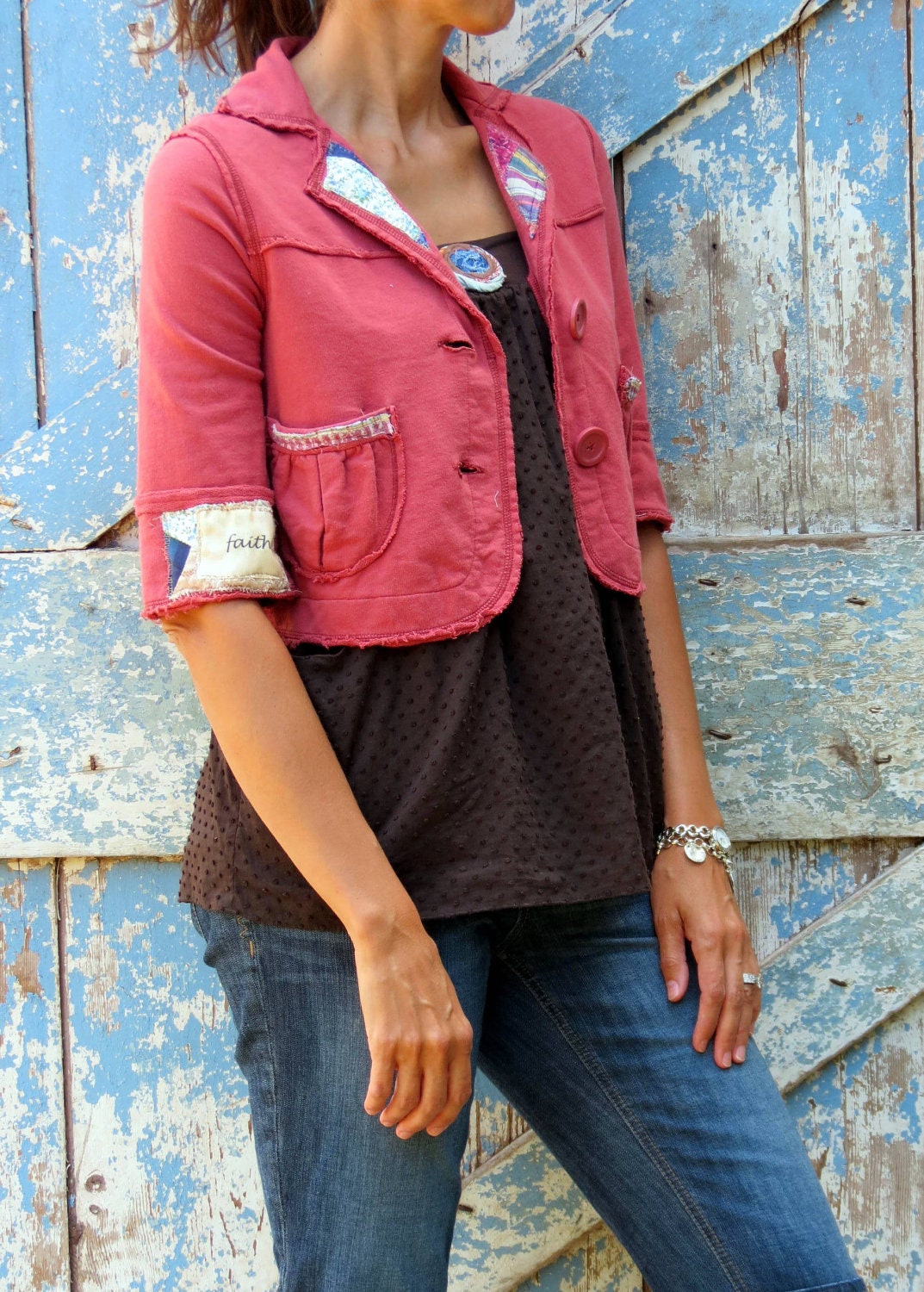 Keeping the Faith Shabby Rose Jacket/upcycled rust cropped jacket/romantic boho cropped coat