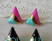 SALE 3 colour neon pink gold and mint triangle enamel post earrings, stud earrings  in vintage color and style  - dreamy triangle