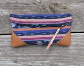 ikat and leather clutch, fold-over clutch, leather corners