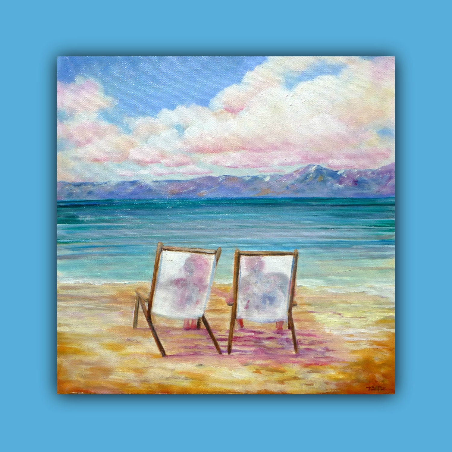 Original Oil Painting (12 x 12 x 3/4 inch) of Lake Tahoe (Beach/ Couple/ Chairs/ Blues/ Green/Tans) by Tina Petersen
