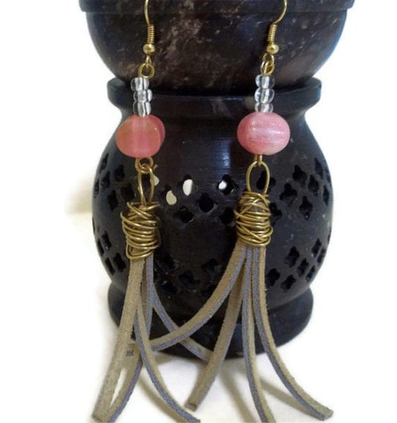 Western Style Pink and Beige Suede Earrings, suede, leather earrings, Western Style Jewelry, Christmas gifts, stocking stuffers
