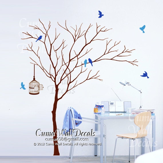 winter tree  birds birdcage wall decals, wall mural children  wall sticker nursery graphic vinyl wall art - winter tree birds Z171 by cuma