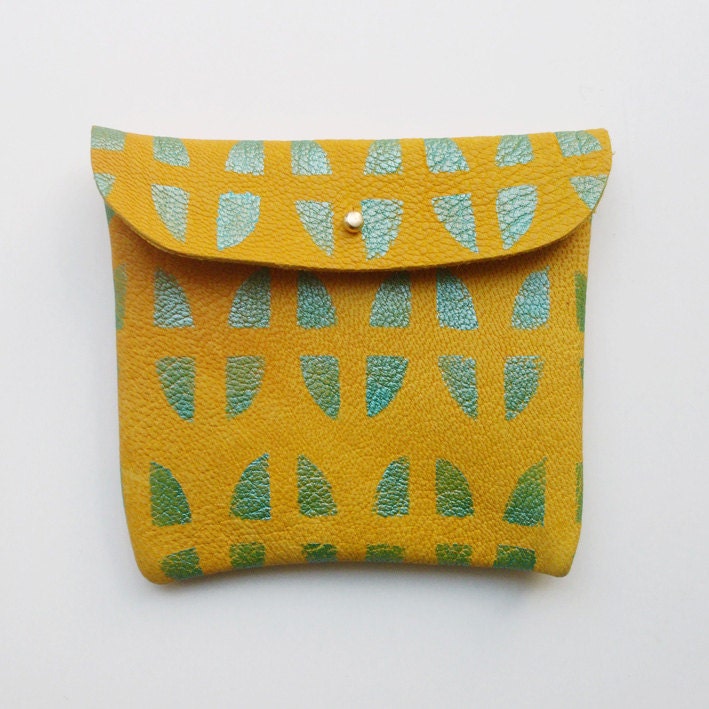 POUCH 02// mustard yellow with metallic green pattern