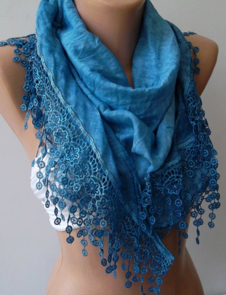 Blue / Elegance Shawl / Scarf with Lacy Edge-------soft and light-