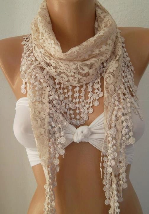 Beige / Elegance Shawl / Scarf with Lacy Edge
