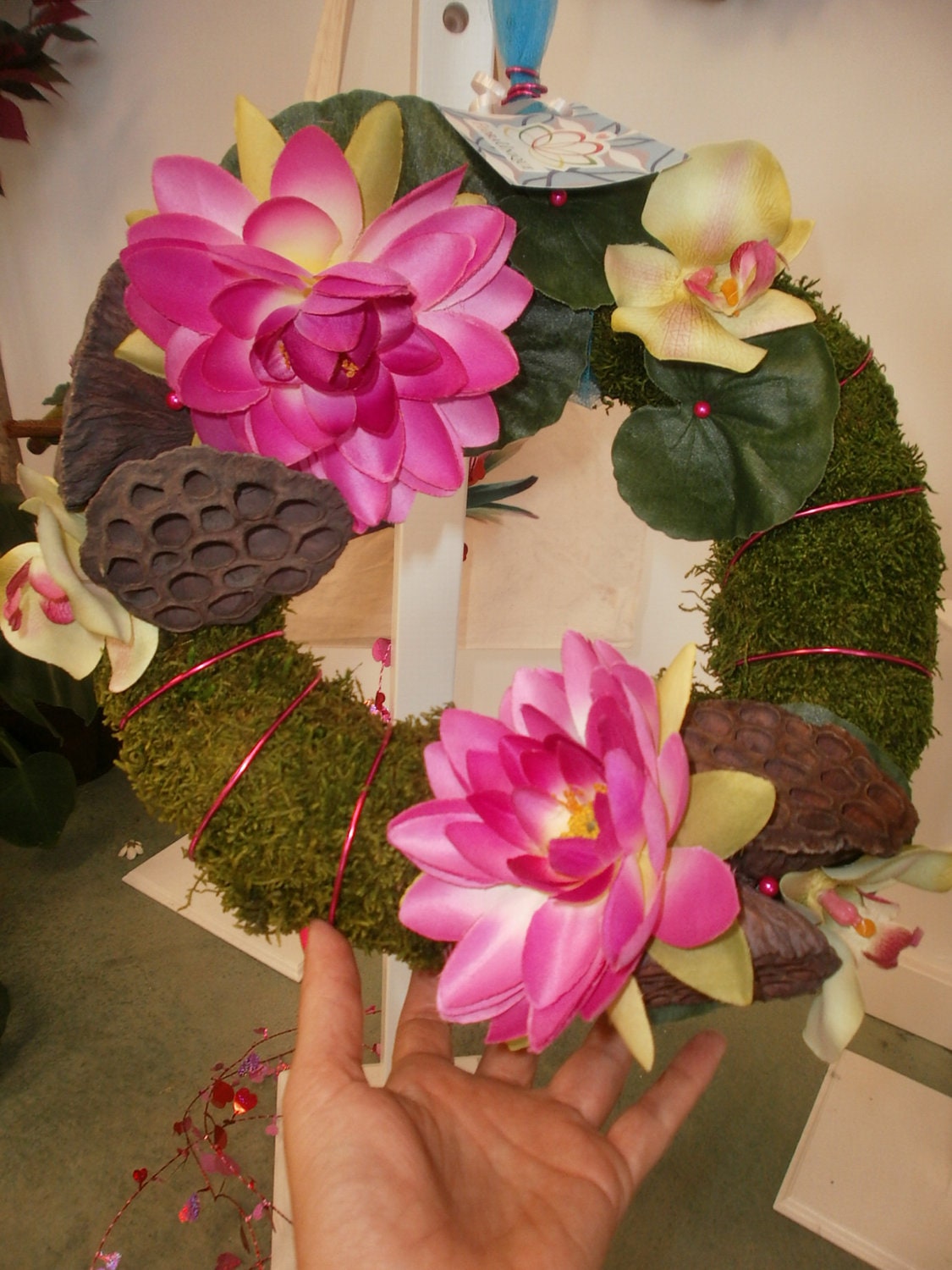 Silk Lotus Bloom Moss Wreath OOAK
