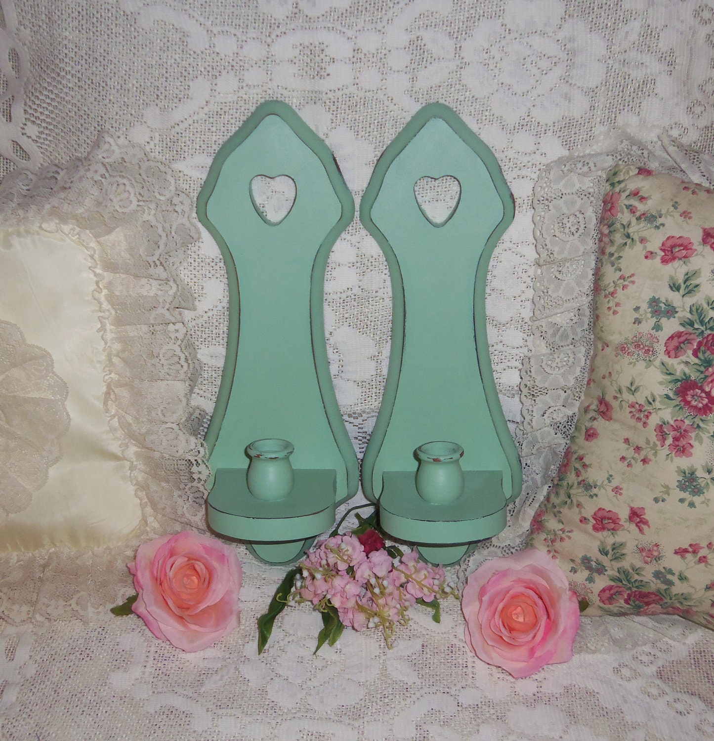 Mint Green Sconces - Vintage, Hand Painted, Upcycled, Distressed, Cottage Chic, French Country, Shabby, Colonial, Romantic, Rustic