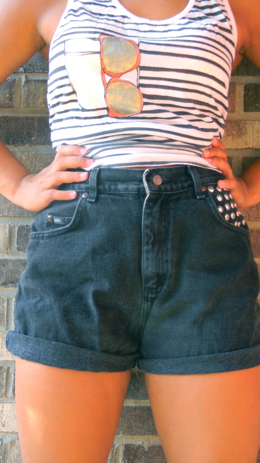 Black High Waisted Jean Shorts with Silver Studs