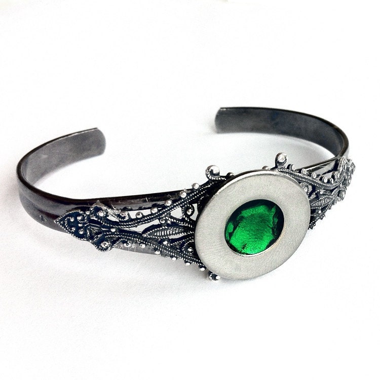 Thin Black Cuff Bracelet, Unisex Gothic Jewelry, Rocker Bracelet, Customizable, Green Jewelry, Thin Cuff Bracelet, Emerald Green Bracelet
