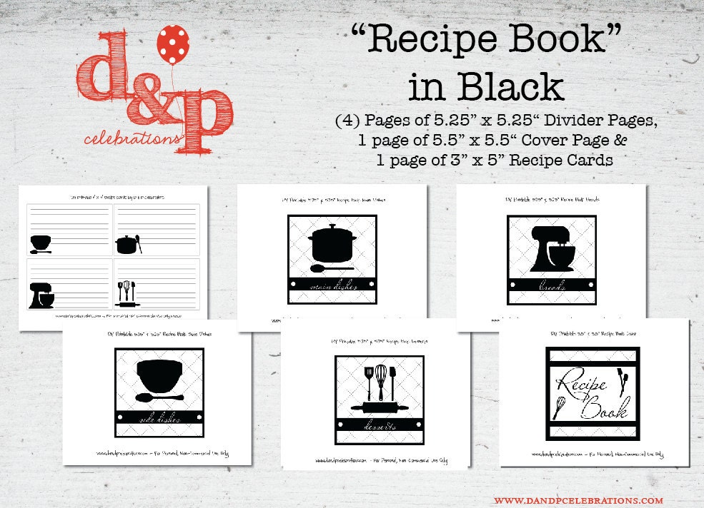 Recipe Book Embellishment pages in Black INSTANT DOWNLOAD Il_570xn