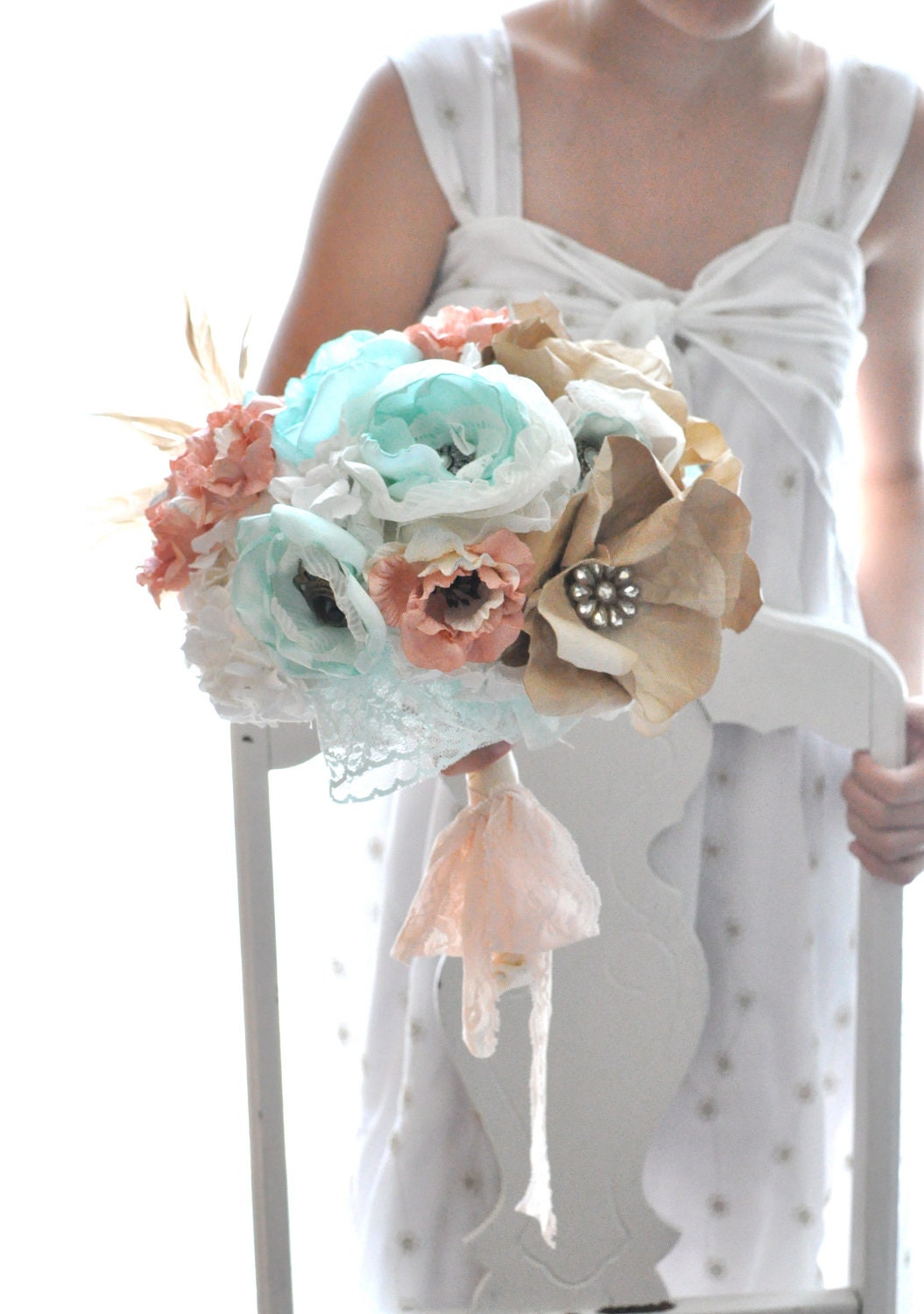 Deposit for Bea - Mint fabric flowers combined with apricot and white paper flowers