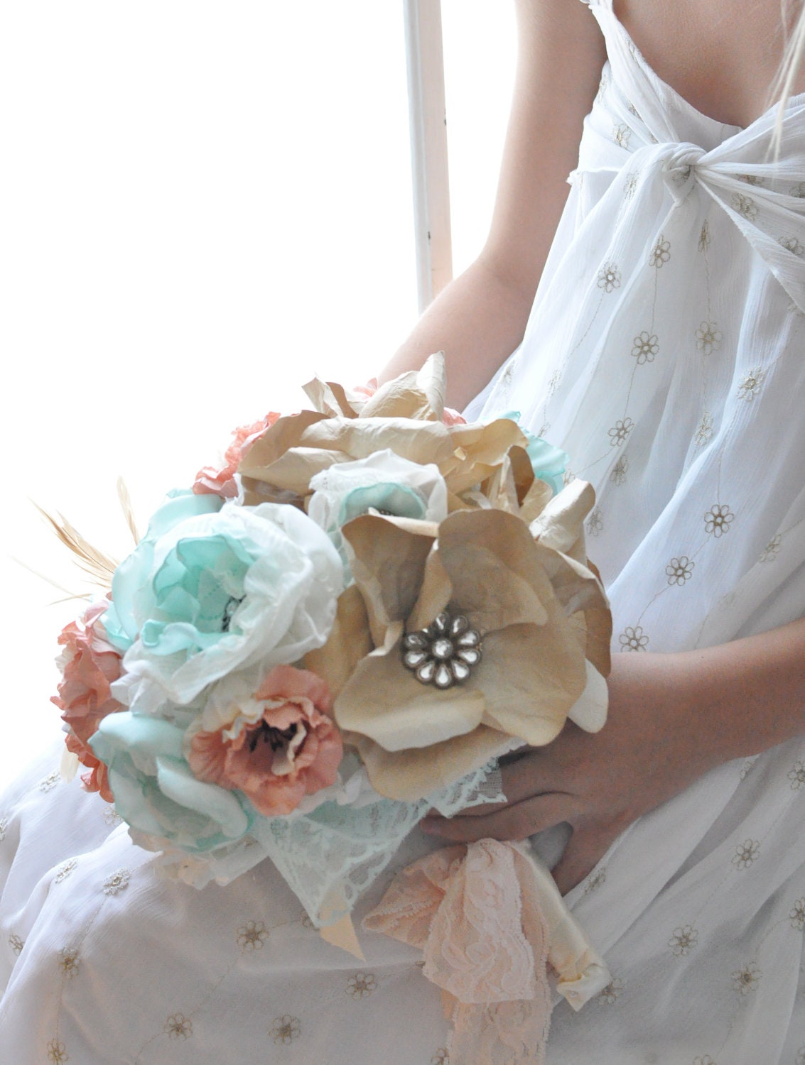 Deposit for Bea - Mint fabric flowers combined with apricot and white paper flowers