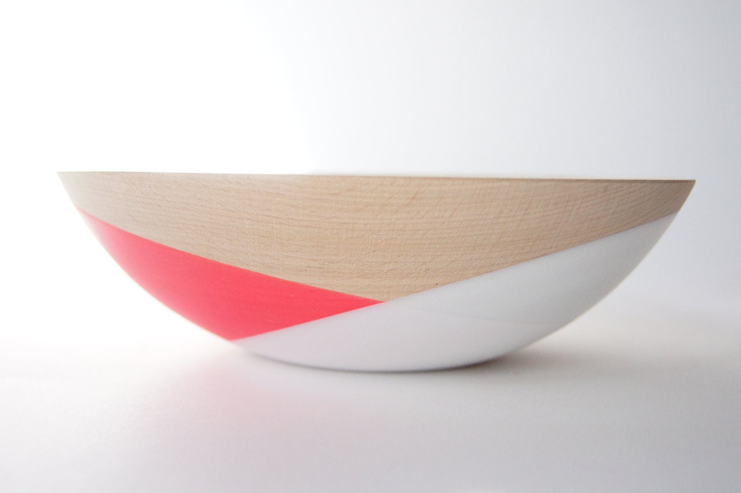 Wooden Salad Bowl, 7" Neon Pink and White, Modern Decor