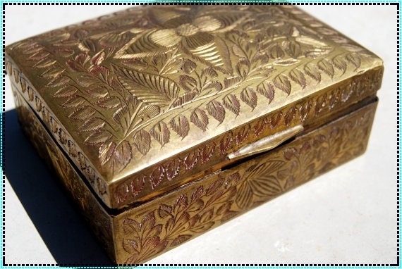 Brass and Teak Wood Jewelry Box 1970s / Trinkets / Gift / Container
