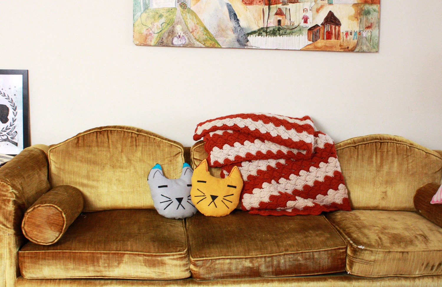 One of a Kind Embroidered Gray Cat Pillow