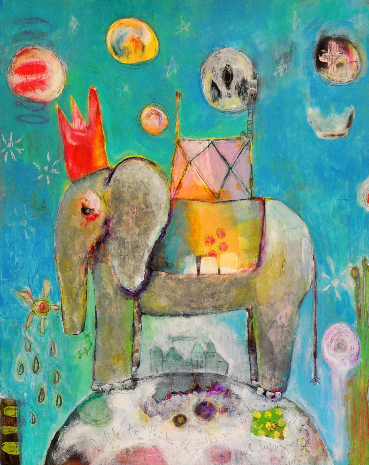 Nursery Elephant Print - Bigger Than The Moon - 11x14 Art Print on Lustre of an Original Mixed Media Painting by Keli McKinley Hansen