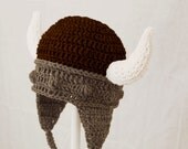 Viking Hat, Brown and Grey Crochet Earflap with Horns, send size choice baby - adult