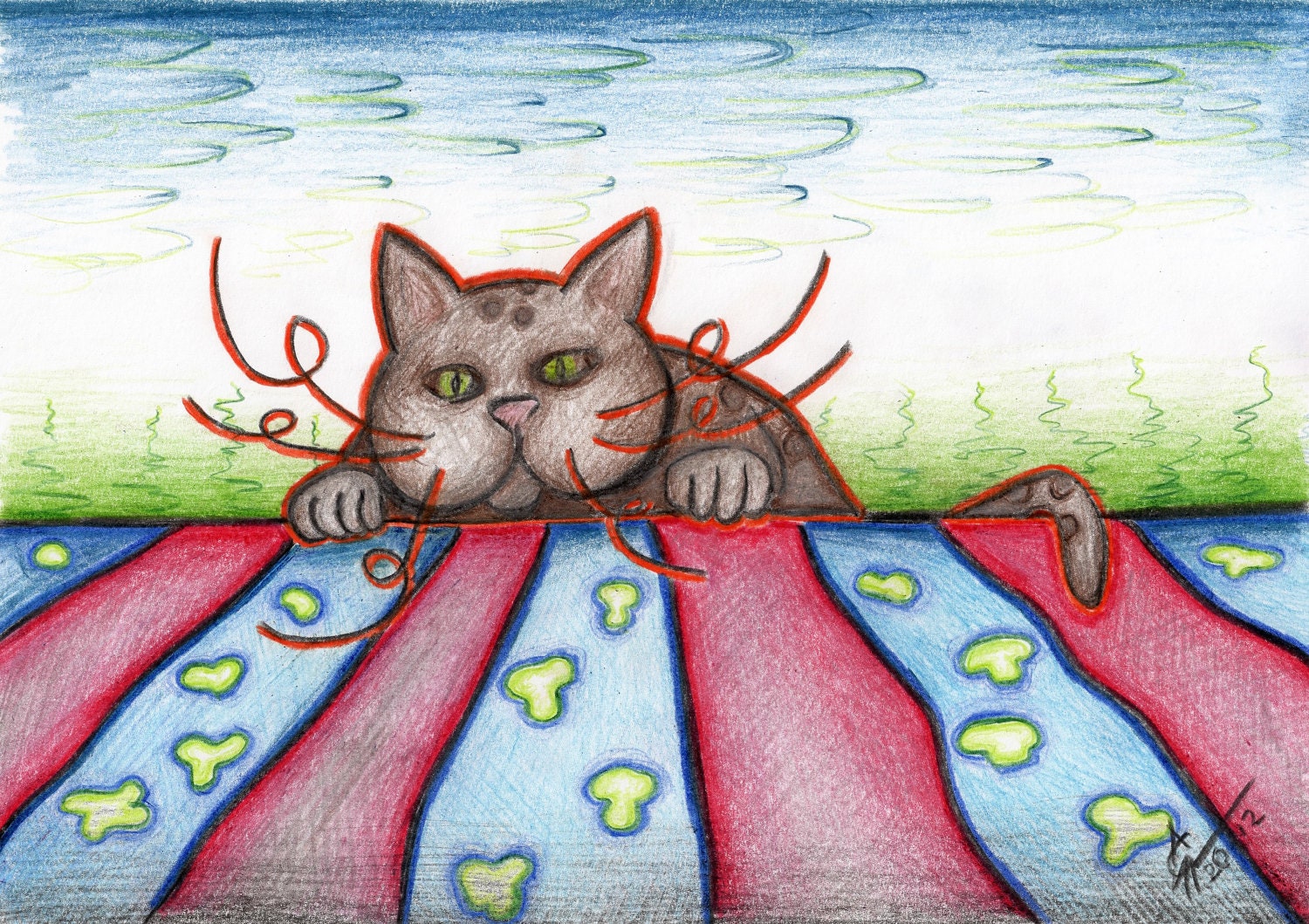 Post card with colorful cat drawing