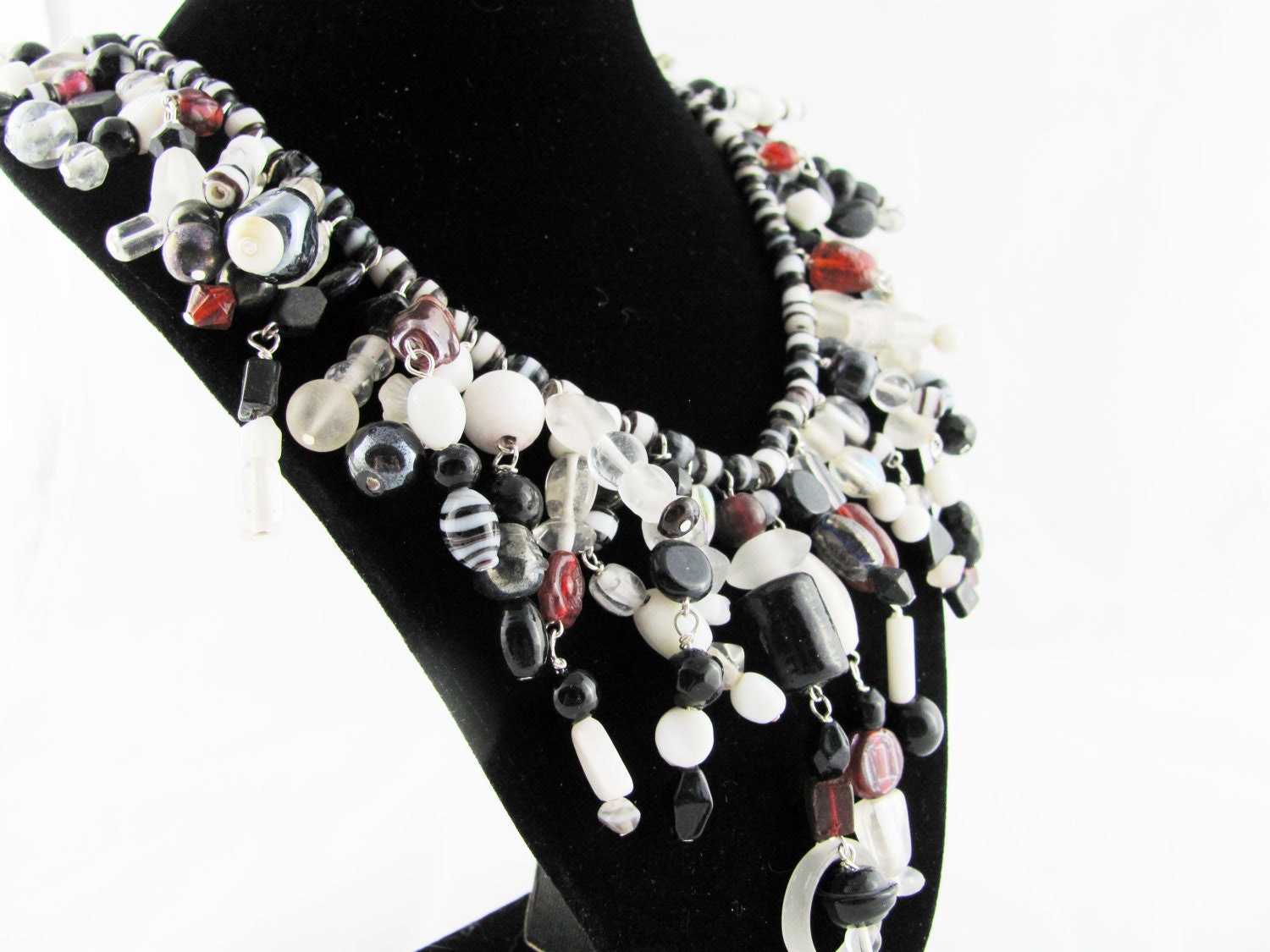Glorious Collar Necklace of Black White Clear and Red Glass Beads OOAK