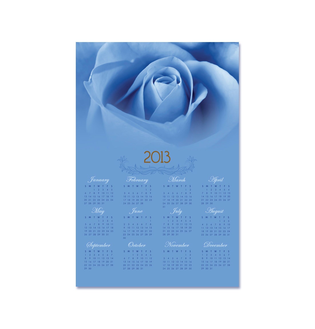 2013 Wall Calendar, Year at a glance Photo Calendar, Buy 2 get 1 for free, Size 12x8, Fine Art Photography, Blue Rose