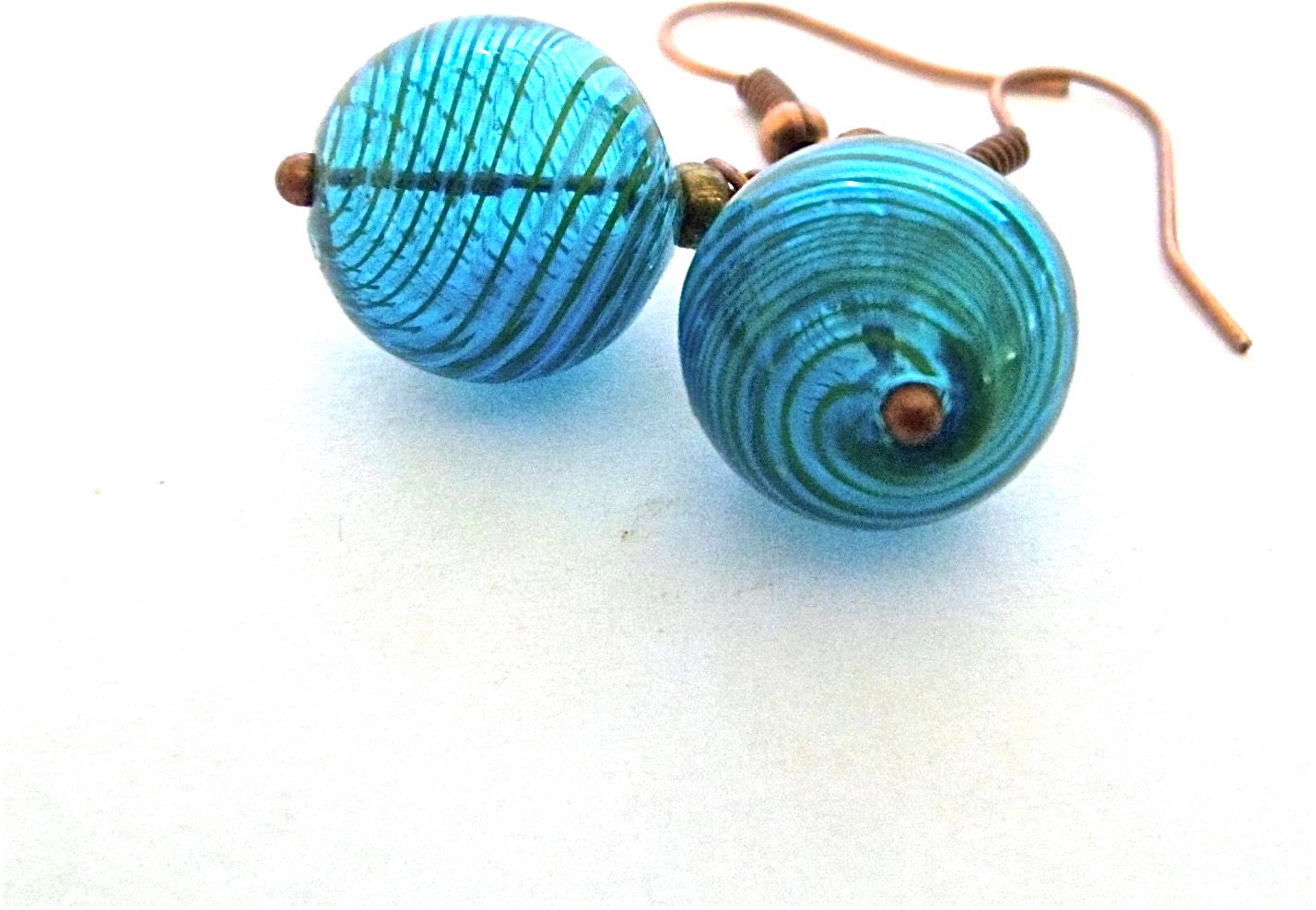 blue earrings blown hollow glass swirl wire wrapped copper dangle drop