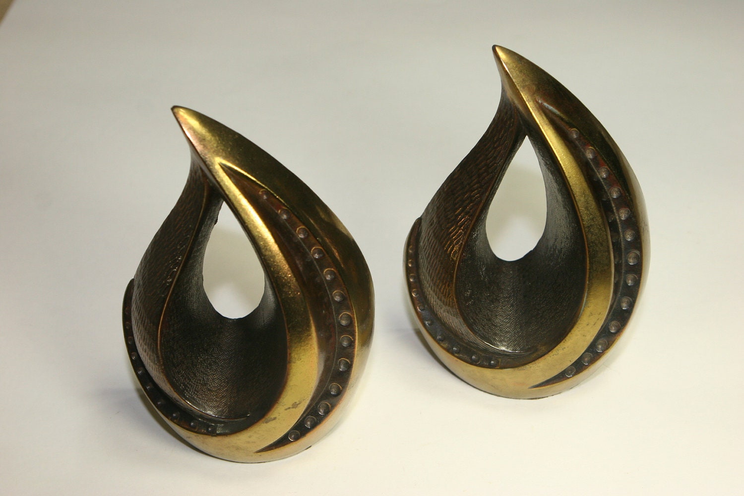 RESERVED for sE' Ben Seibel 50s or 60s Flame or Teardrop Bronze Bookends Nice Patina