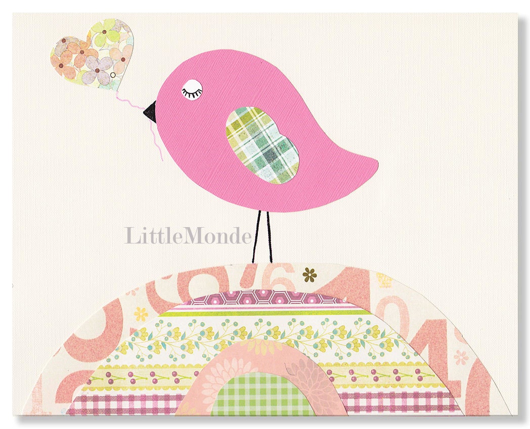 The Pink Heart Bird, 8x10" Personalized Print, Nursery Print, Baby Girl Room Decor, Nursery Art, Animal Art , Soft Pastels, Flowers