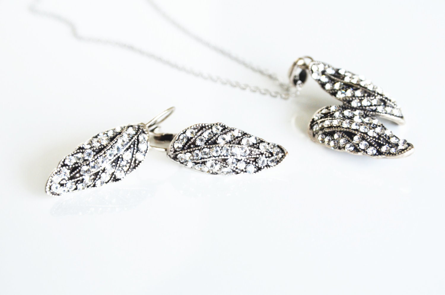 art deco clear crystal swarovski rhinestone tibetan silver plated necklace earrings set wedding bridal jewelry bridesmaids jewelry set gift