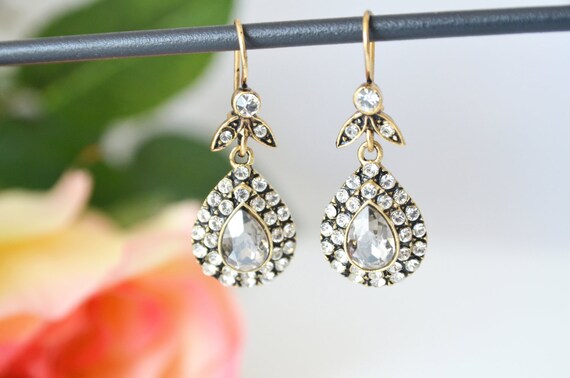 art deco clear crystal rhinestone antique brass earrings wedding jewelry bridal jewelry bridesmaid gifts