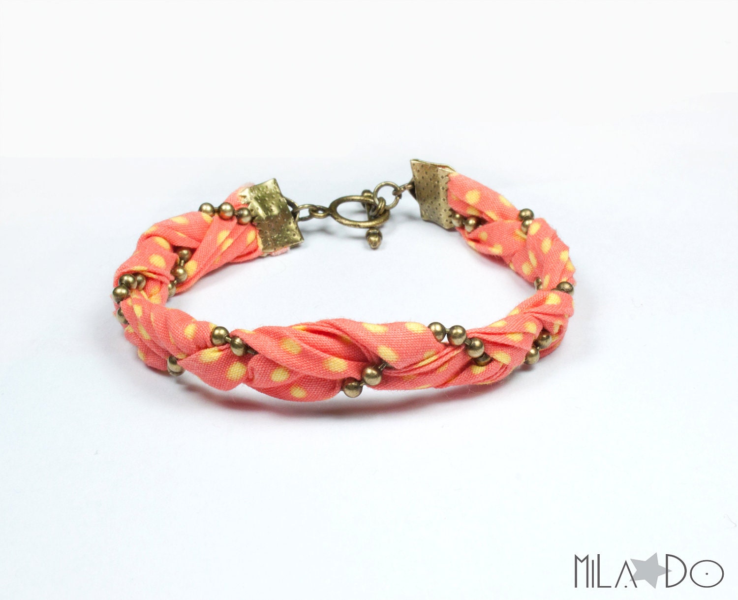 Coral and bronze braided bracelet - wrap bracelet