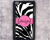Personalized iPod case - Black white zebra print with neon pink monogram- custom Ipod 4 case, Ipod 5th gen cover, zebra Ipod cover (9851)