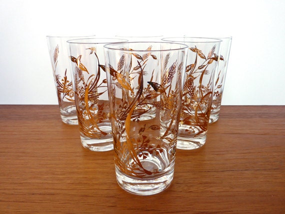 Set of 6 Glasses- Gold Leaves Pattern