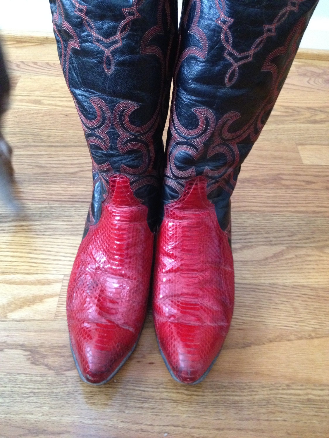 Great Cowgirl Boots Vintage Pair of Larry Mahan Red Snakeskin and Black Leather 8 1/2 Boots...
