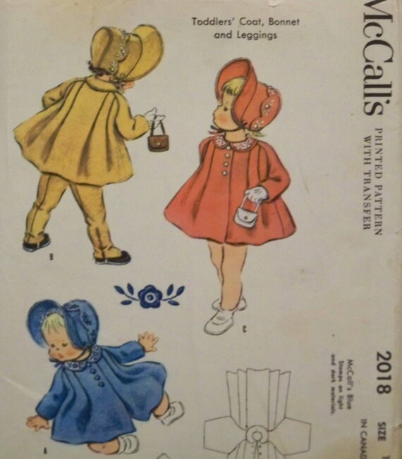 Vintage 1955 McCall's 2018 Pattern for Toddlers' Coat, Bonnet, and Leggings and Transfer in Size 1