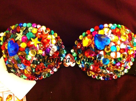 Gorgeous RAINBOW Sexy Rave Bra Costume Burlesque Sequin Rhinestone Bling Bra