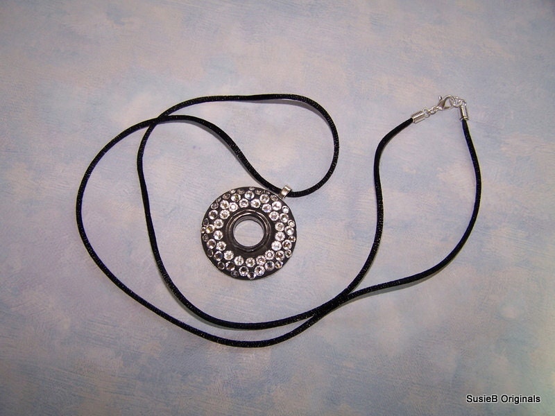 Pendant Washert Necklace Statemen Pave Embellished Crystals on a Black Silk Cord
