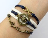 Antique bronze compass bracelet lover birds bracelet infinity karma bracelet personalized charm bracelet best gift.-N1621