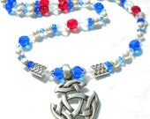 Celtic Open Triad Cobalt Red and White Swarovski Pearls and Crystal Necklace