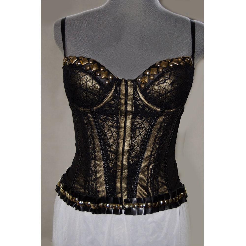 Sexy Black and Gold Studded Lace Bustier Corset by thewrenskeep