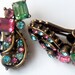 CLAUDETTE Rhinestone Earrings Signed 1950s Rare Collectable Jewelry Antiqued Gold Scrollwork Pink Green Blue